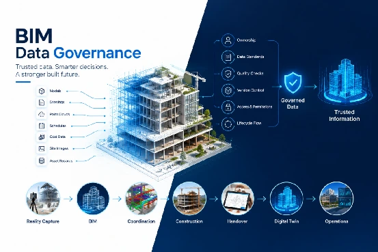 BIM data governance illustration connecting ownership, standards, quality checks, version control, and access permissions across the asset lifecycle