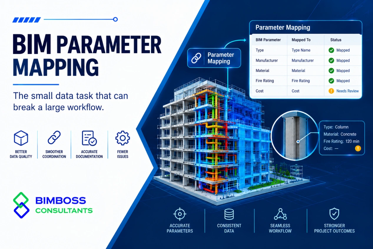 BIM parameter mapping illustration with a building model and mapped information fields
