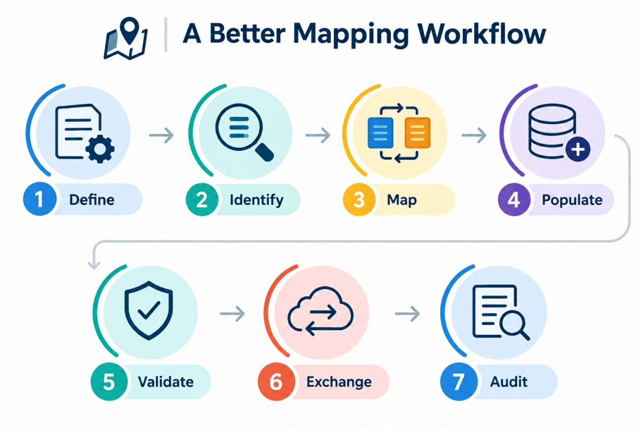 BIM mapping workflow: Define, Identify, Map, Populate, Validate, Exchange, Audit