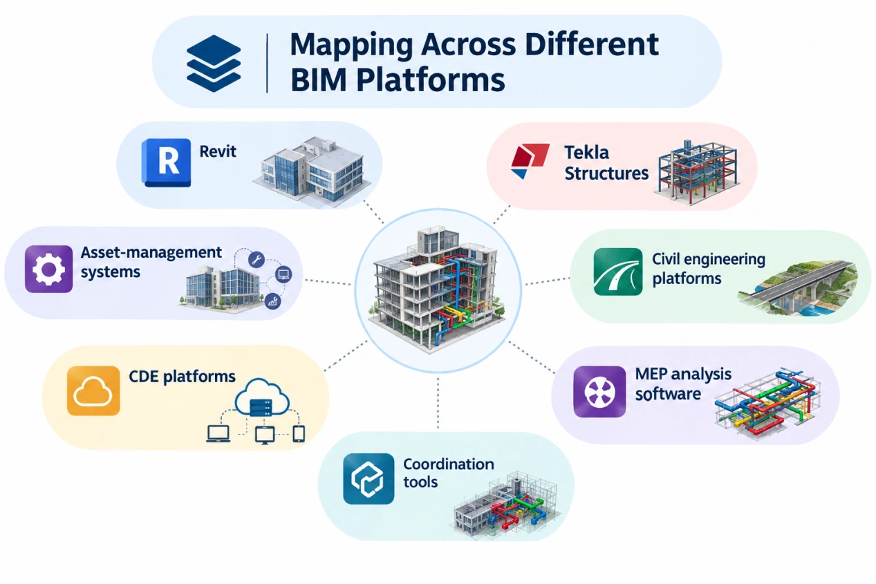 BIM data exchange between Revit, Tekla Structures, civil engineering, MEP analysis, coordination, CDE, and asset-management systems